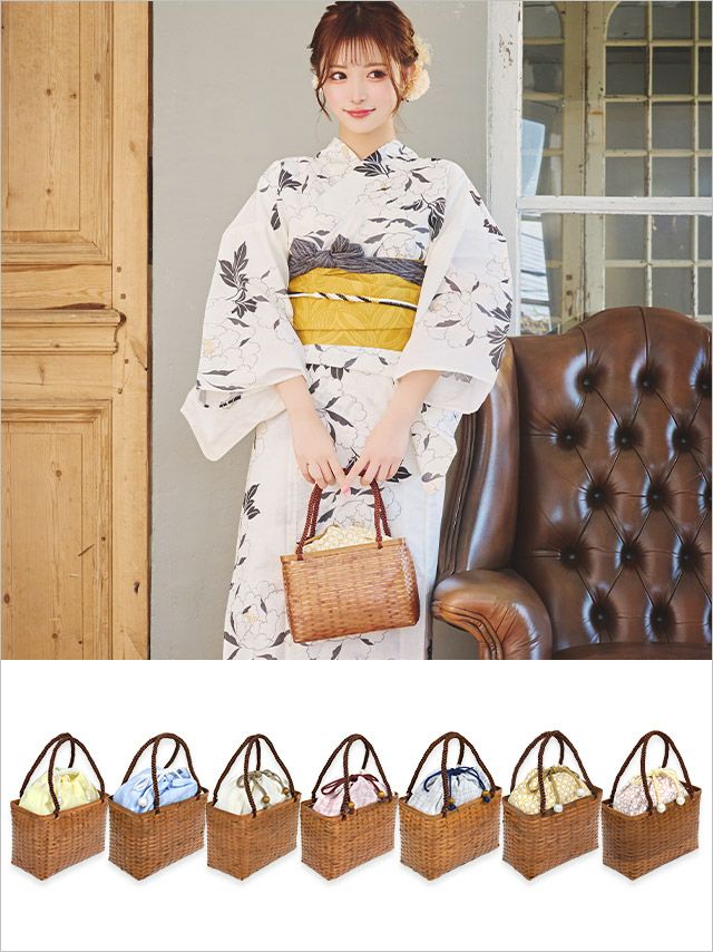 かごバッグ 浴衣バッグ 鞄 籠バッグ 和装 浴衣小物 Tika ティカ 巾着付きロープハンドル竹かごバッグ