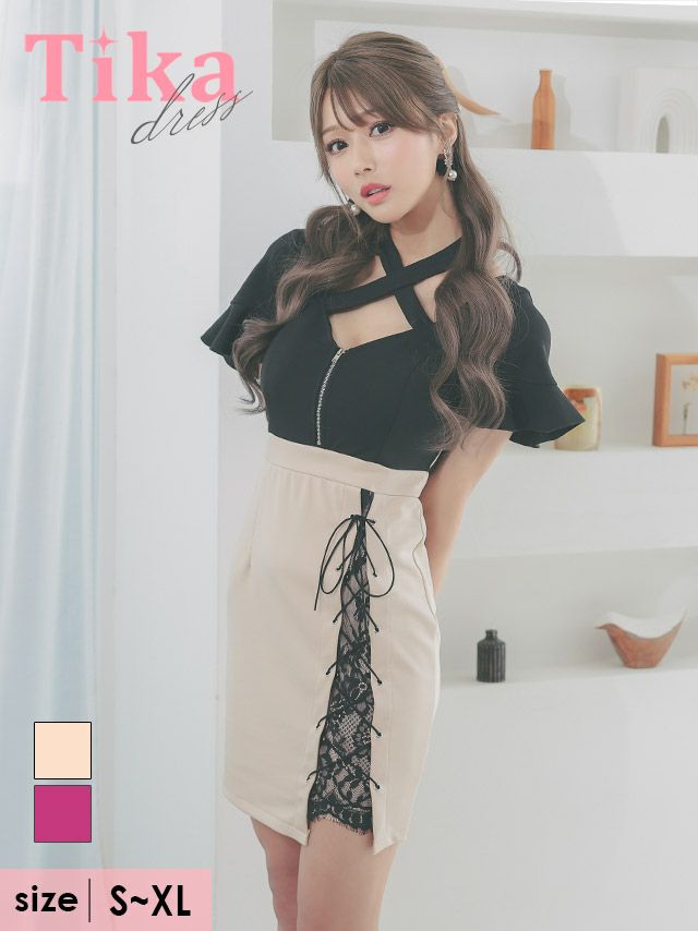キャバドレス ミニ丈 大きいサイズ 袖あり キャバクラ Tika ティカ 半袖クロスネックバストジップ切り替えサイドレースアップタイトミニドレス