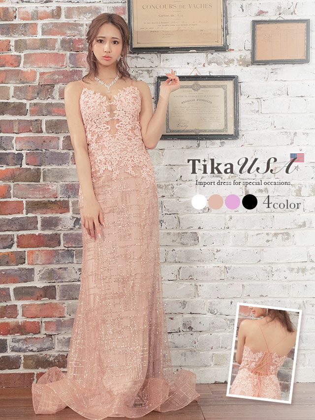キャバドレス ロング丈 インポート バースデー イベント Tika ティカ バックスピンドルキャミソールシアーフラワー刺繍ラメマーメイドロングドレス