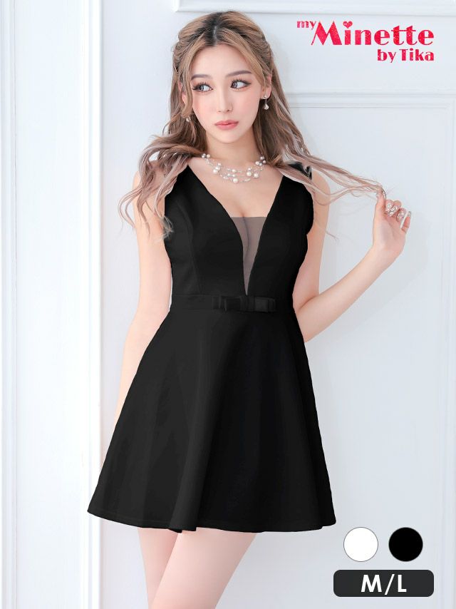 谷間シースルーウエストリボンノースリーブフレアミニドレス