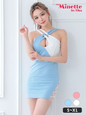 [SALE] クロスネック バイカラー サイドカット ホルターネック バストカット 谷間魅せ タイトミニドレス (Sサイズ～XLサイズ) (せいせい/キャバドレス着用) [myMinette/マイミネット]
