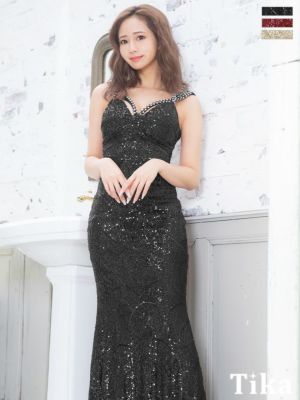 バストコード シアー切替 スパンコール キャミソール 谷間魅せ タイトロングドレス (Sサイズ～XLサイズ) (天乃えま/キャバドレス着用)