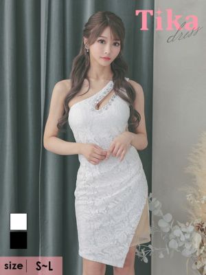 ワンショルダー バストカット ビジュー サイドヌーディーシアー 総レース 谷間魅せ タイトミニドレス (Sサイズ～Lサイズ) (めぐりっぷ/キャバドレス着用)