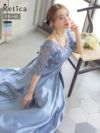 シースルー刺繍デザイン切替バックスピンドルロングスカートハーフスリーブ結婚式パーティードレス