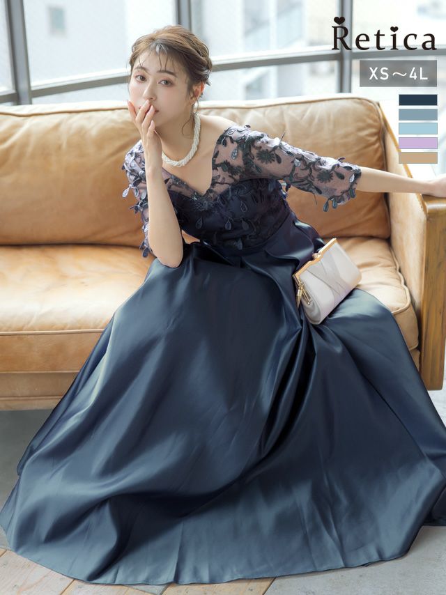 シースルー立体刺繍ウエスト切替バックレースアップロングスカートハーフスリーブ結婚式パーティードレス