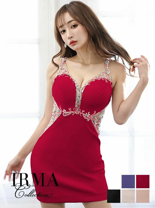 IRMA イルマ 高級ワンカラーゴージャスビジューサイドヌーディーノースリーブタイトミニドレス