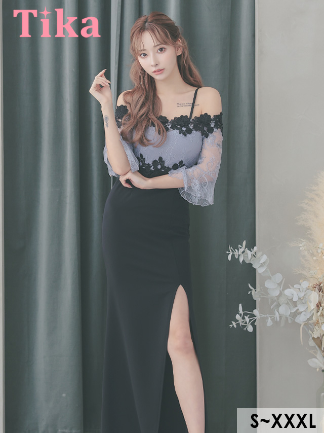 キャバドレス ロング丈 五部袖 大きいサイズ Tika ティカ オフショルダー袖ありフラワー刺繍レースベルスリーブ切り替えスリットストレッチタイトロングドレス