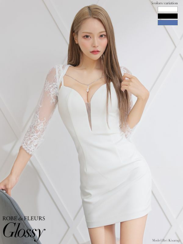 ROBEdeFLEURSGlossy ローブドフルールグロッシー 高級袖ありレース切替バストドロップビジュータイトミニドレス
