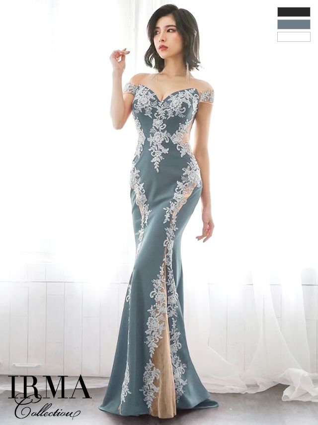 キャバドレス ブランド IRMA イルマ 高級エレガント刺繍ヌーディーカラー切替バックスピンドルオフショルダーくびれタイトロングドレス