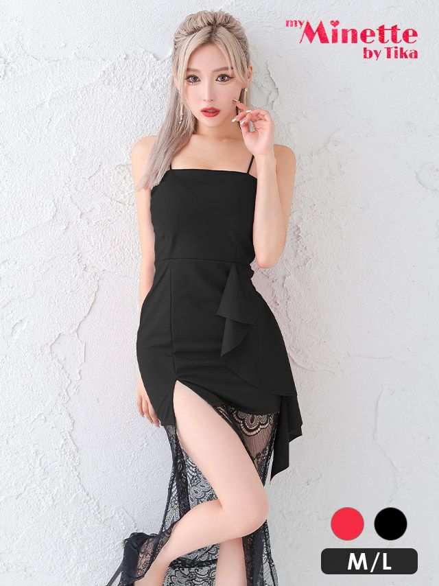 キャミソールブラックレース切替サイドスリットタイトロングドレス