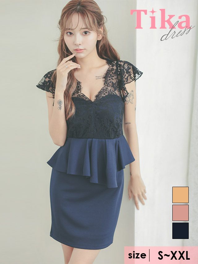 キャバドレス ミニ丈 大きいサイズ 体型カバー キャバクラ Tika ティカ Vネック半袖ブラックレース切り替えアシメペプラムタイトミニドレス
