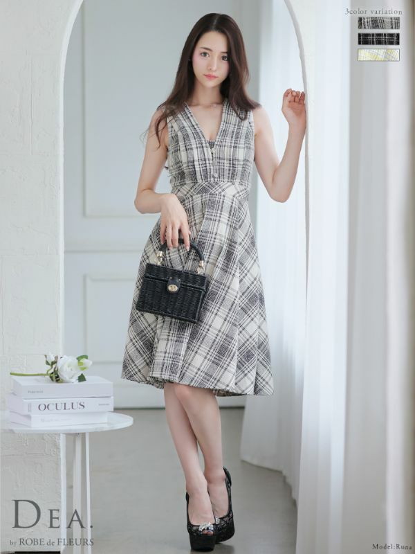 DEA.byROBEdeFLEURS ディアバイローブドフルール 高級ノースリーブVネックチェック柄ツイードフレア膝丈ワンピースドレス