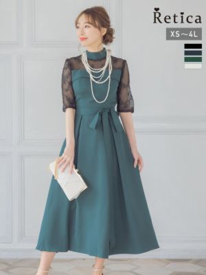 フラワー刺繍シースルー切替ウエストリボン5部袖膝下結婚式パーティードレス [Retica/レティカ]