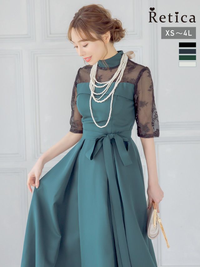 フラワー刺繍シースルー切替ウエストリボンミモレ丈ハーフスリーブ結婚式パーティードレス