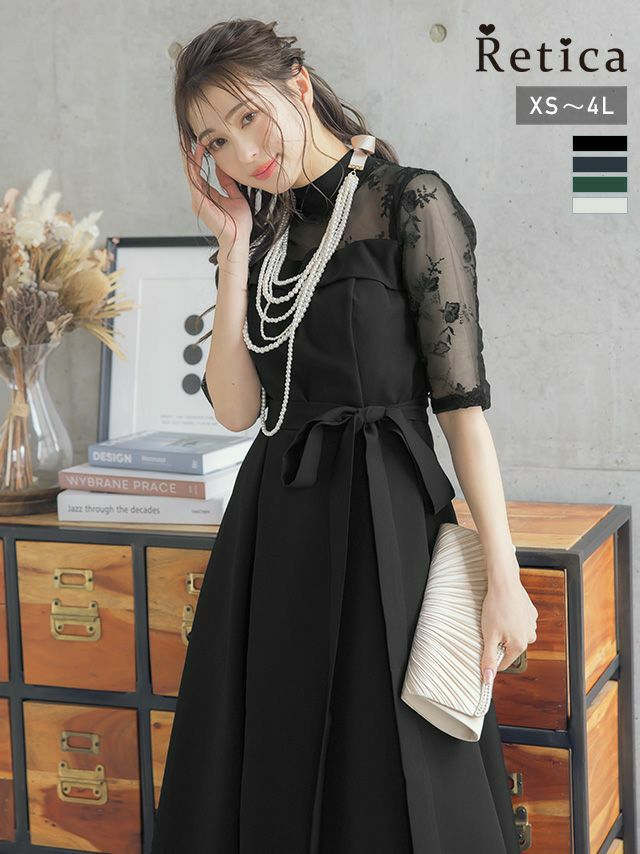 フラワー刺繍切替デザインウエストリボンミモレ丈ハーフスリーブ結婚式パーティードレス