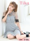 キャバドレス ミニ丈 袖あり Aライン ワンピース 大きいサイズ Tika ティカ シアードット半袖ネックリボンフレアミニドレス