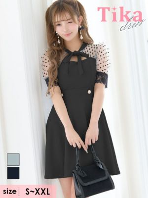 ドット柄シアー半袖ネックリボンフレアミニドレ...