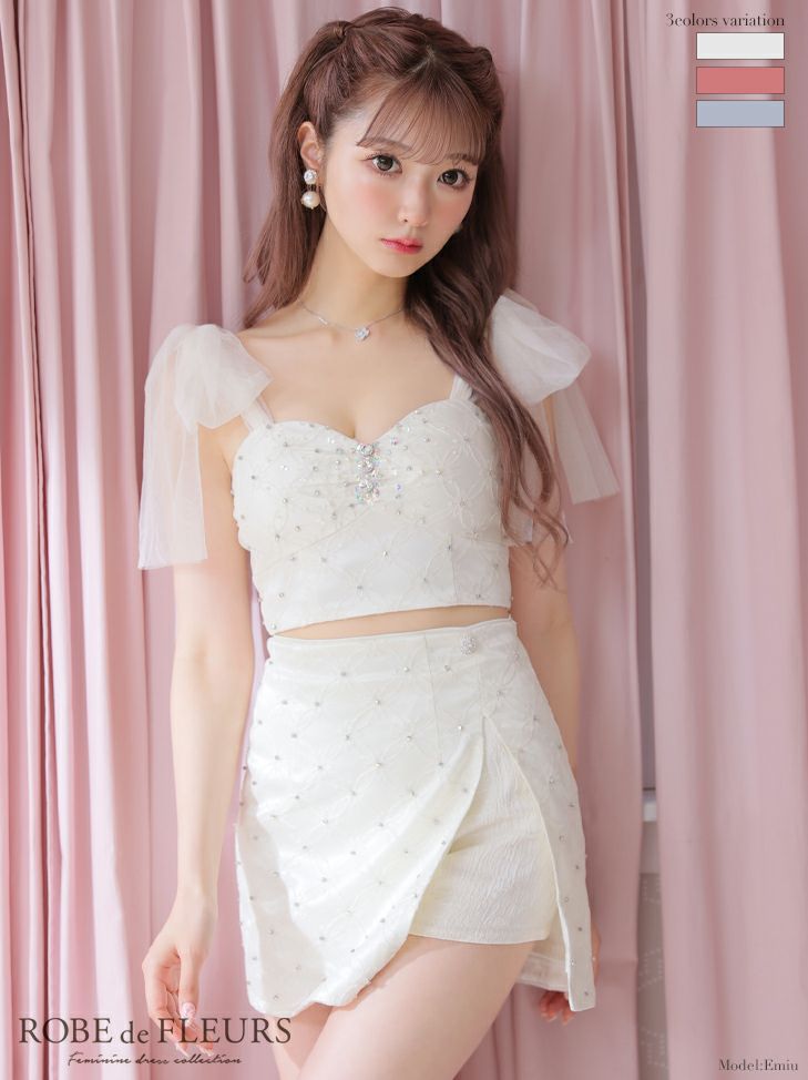 ROBEdeFLEURS ローブドフルール 高級キャミソールリボンチュールセットアップビジュー台形ミニドレス