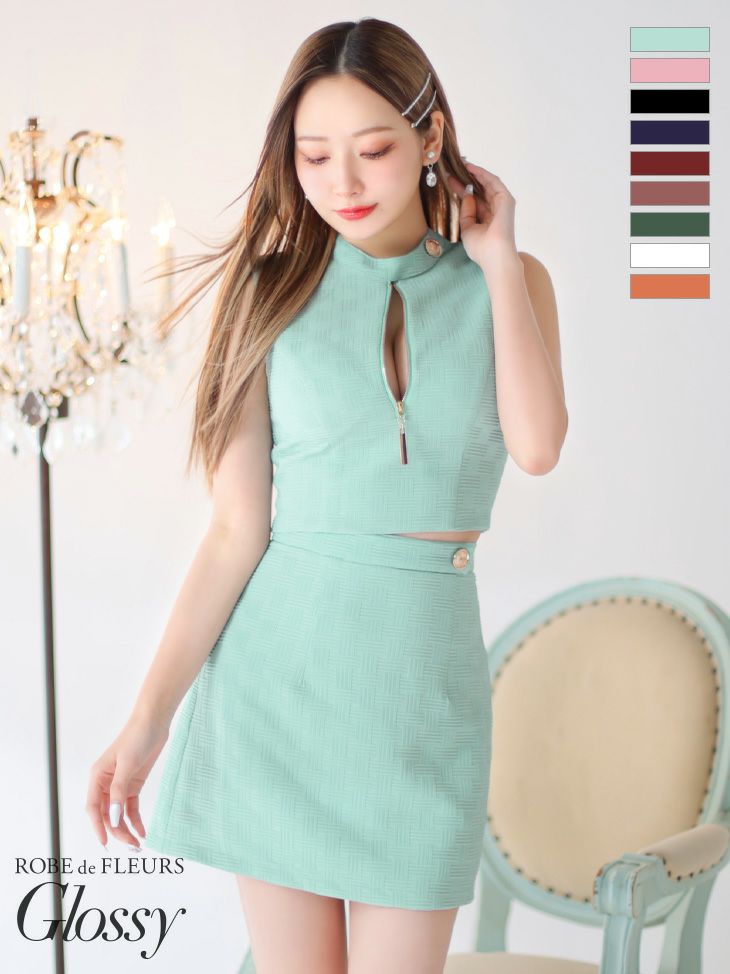 ROBEdeFLEURSGlossy ローブドフルールグロッシー 高級ジップシンプルワンカラーストレッチノースリーブセットアップタイトミニドレス