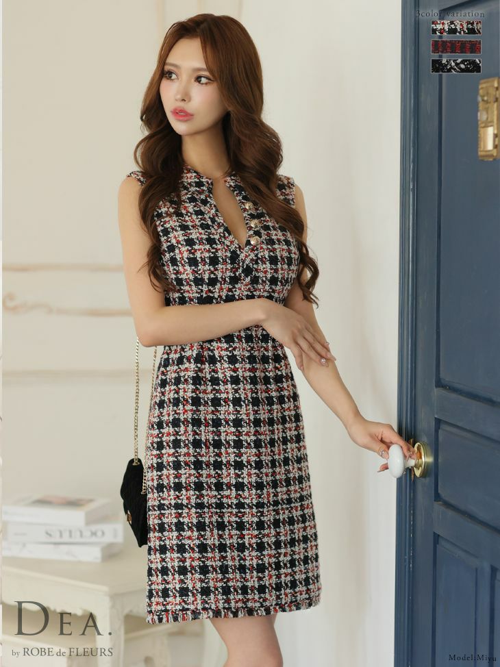 DEA.byROBEdeFLEURS ディアバイローブドフルール 高級ノースリーブサイドベルトツイードチェック柄タイト膝丈ワンピースドレス