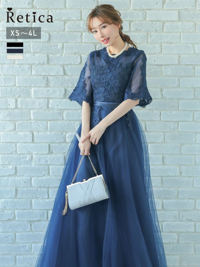 シースルー刺繍ウエスト切替シフォンロングスカートハーフスリーブ結婚式パーティードレス