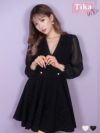 キャバドレス ミニ丈 韓国 ワンピース Aライン 袖あり Tika ティカ 長袖シアーパフスリーブ切り替えカシュクールウエストパールフレアミニドレス