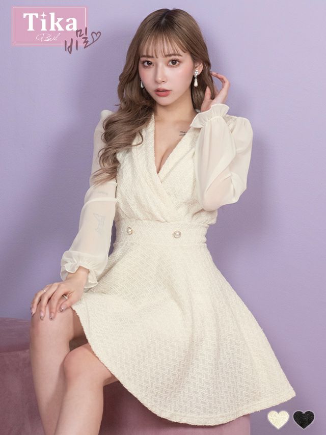 キャバドレス ミニ丈 韓国 ワンピース Aライン Tika ティカ カシュクール長袖パフスリーブラメ入りニットフレアミニドレス