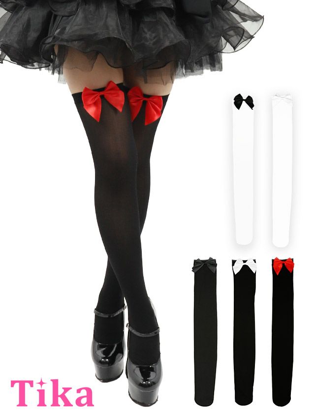 コスプレ 靴下 ニーハイ ソックス ロング コスプレ小物 黒 白 リボン付きニーハイソックス