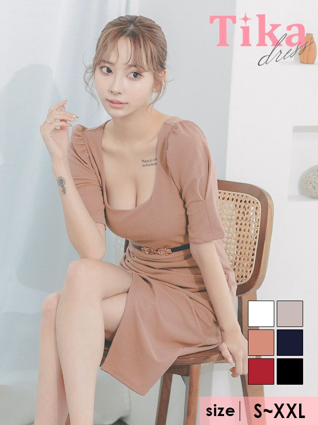 キャバドレス ミディアム丈 大きいサイズ 五部袖 キャバクラ Tika ティカ ベルト付き袖ありスクエアネックシンプルワンカラーラップ膝丈タイトドレス