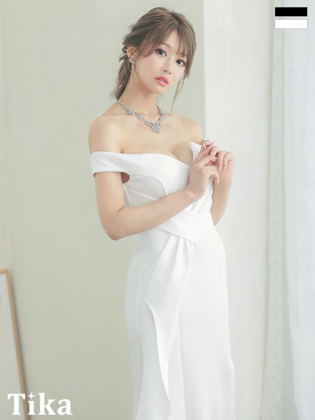 キャバドレス ロング丈 大きいサイズ キャバクラ Tika ティカ オフショルダーサイドゴージャスフリルスリットタイトロングドレス