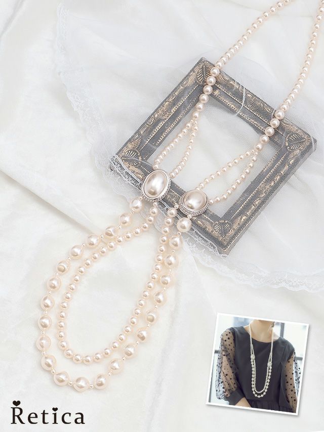 2連パールビジューフレームロングネックレス