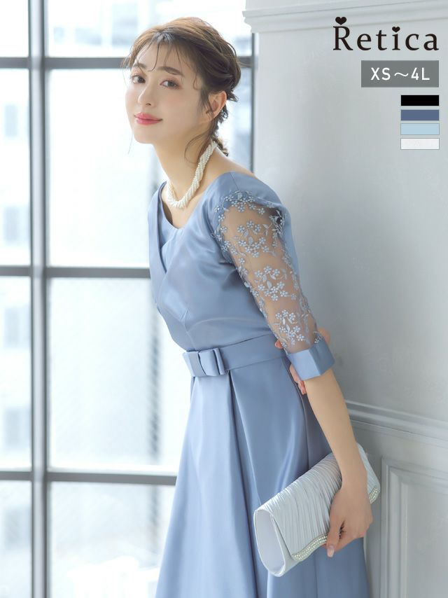 フラワー刺繍胸元クロスデザインウエストリボンミモレ丈ハーフスリーブ結婚式パーティードレス