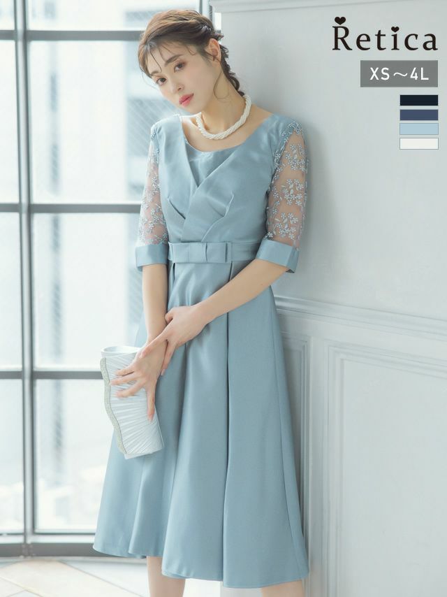 フラワー刺繍胸元クロスデザインウエストリボンミモレ丈ハーフスリーブ結婚式パーティードレス