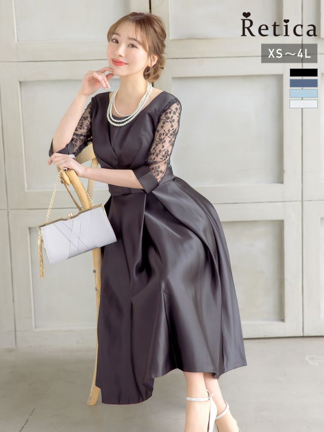 シースルーフラワー刺繍ウエストリボンタックミモレ丈ハーフスリーブ結婚式パーティードレス