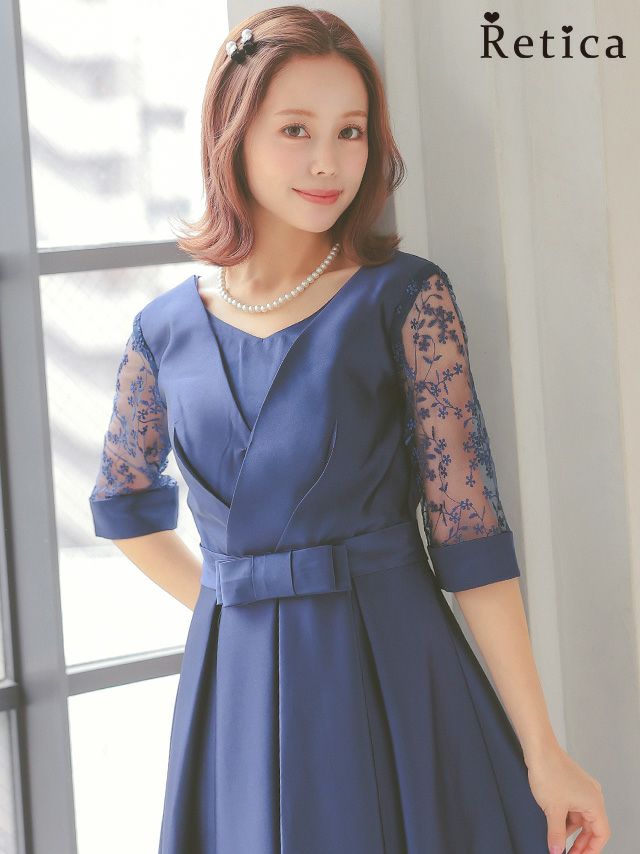 シースルー刺繍クロスデザインウエストリボンタックミモレ丈ハーフスリーブ結婚式パーティードレス