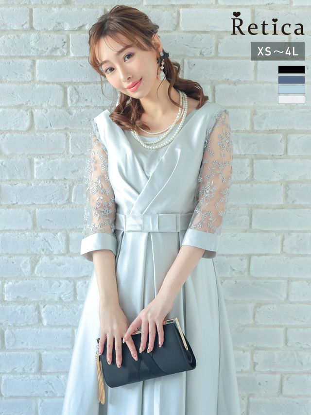 フラワー刺繍シースルー切替クロスデザインウエストリボンミモレ丈ハーフスリーブ結婚式パーティードレス