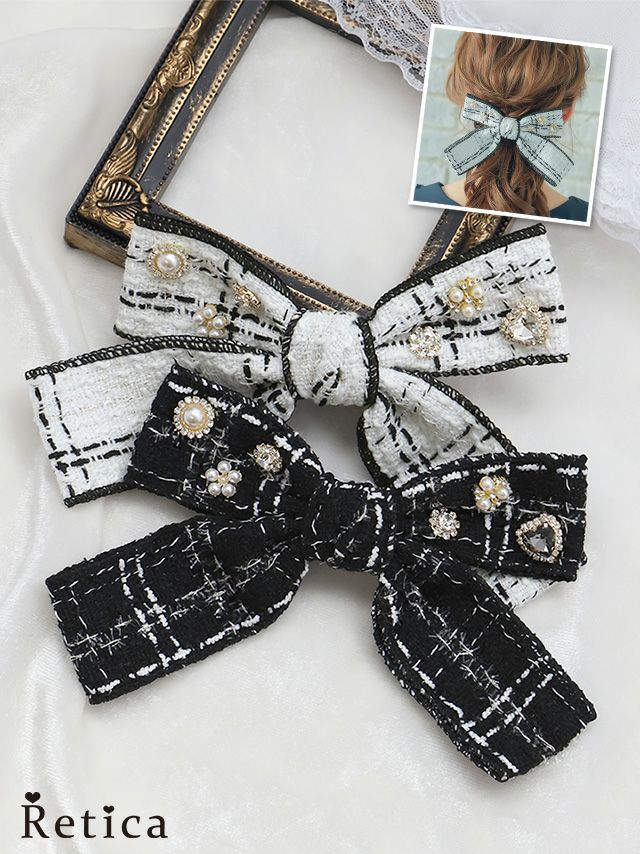 ビジュー付きツイードリボンバレッタ