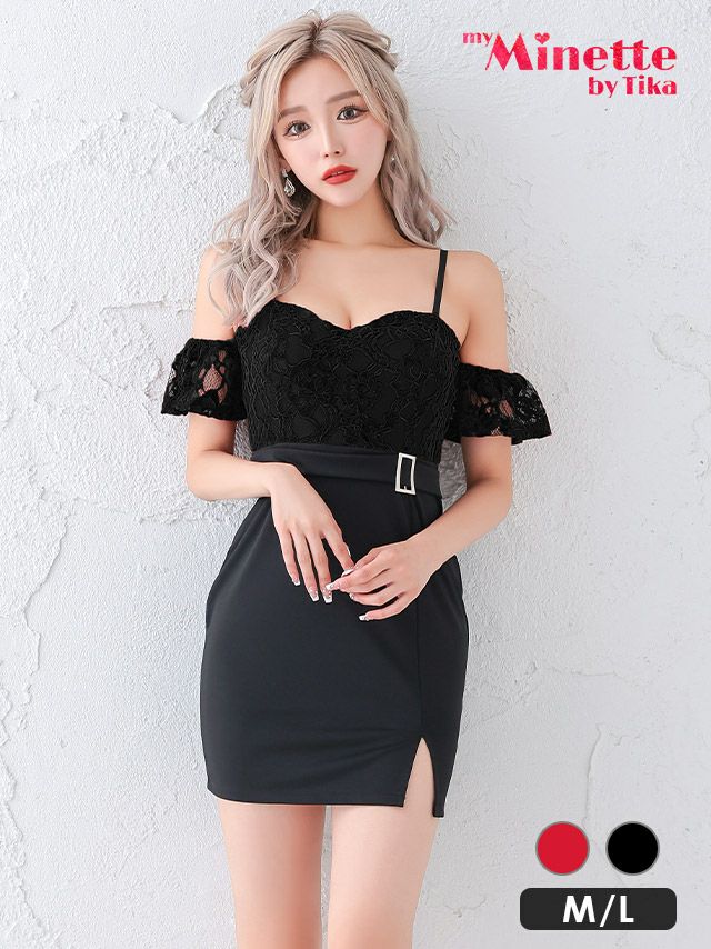 肩あきレースウエストベルト切替スリットタイトミニドレス