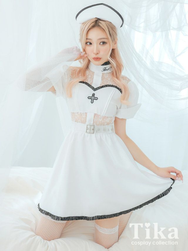 コスプレ ハロウィン 看護婦 看護師 衣装 仮装 パイピングレザーセクシーウエストレースデザインガーリーホワイトナース