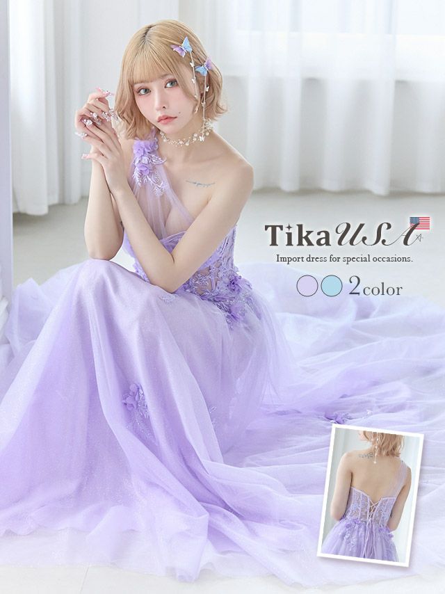 キャバドレス ロング丈 インポート 大きいサイズ バースデー イベント Tika ティカ シアーワンショルダー立体フラワー刺繍ラメチュールロングドレス