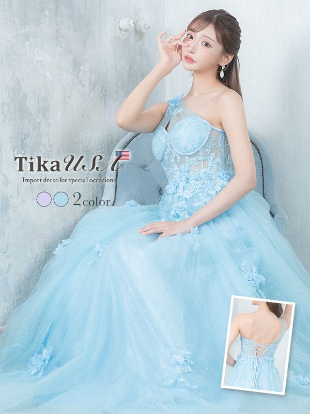 LA直輸入 ワンショルダーバックスピンドル立体フラワー刺繍ラメゴージャスチュールロングバースデードレス (XSサイズ～Mサイズ) (明日花キララ キャバドレス着用)