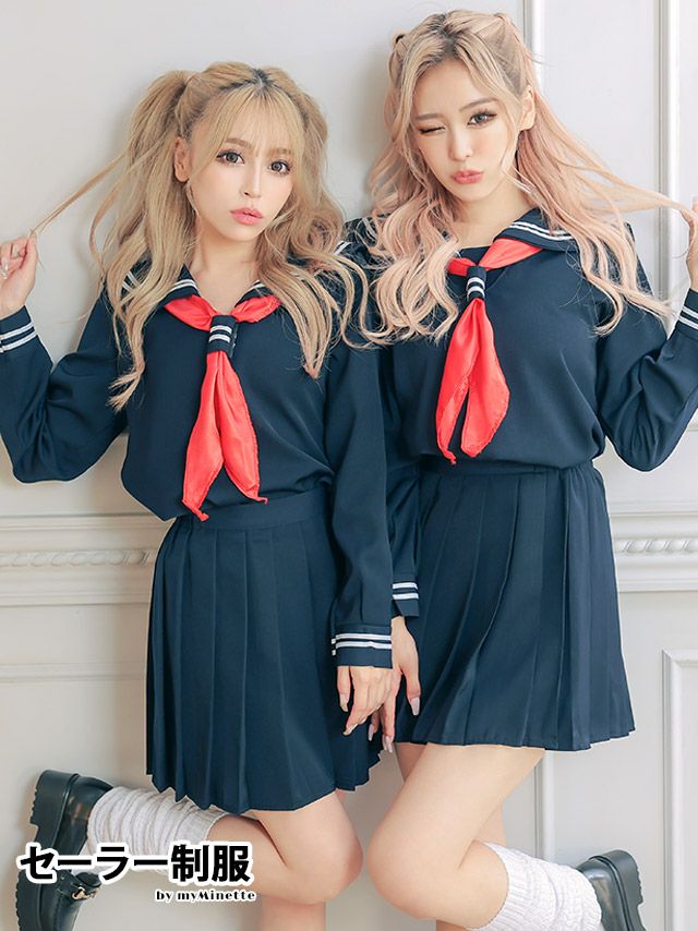 コスプレ 袖ありペア体型カバーフレアスカートプチプラミニセーラー服 [4点セット]