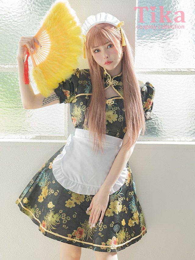 コスプレ ハロウィン メイド服 チャイナ服 衣装 仮装 Aラインパイピング刺繍プリント体型カバーガーリーメイドチャイナドレス