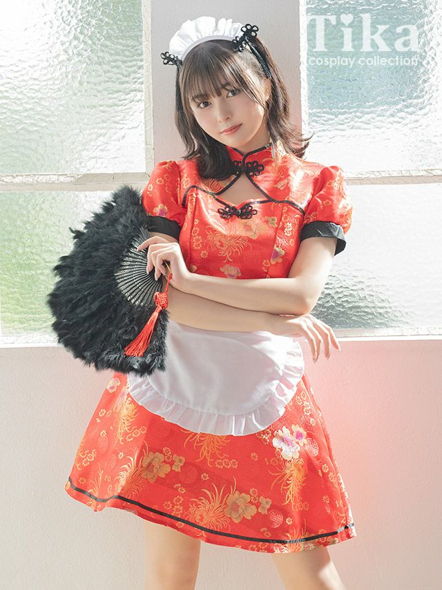 コスプレ ハロウィン チャイナ服 メイド服 サテンゴールドフラワー刺繍プリントAライン体型カバーガーリーメイドチャイナドレス