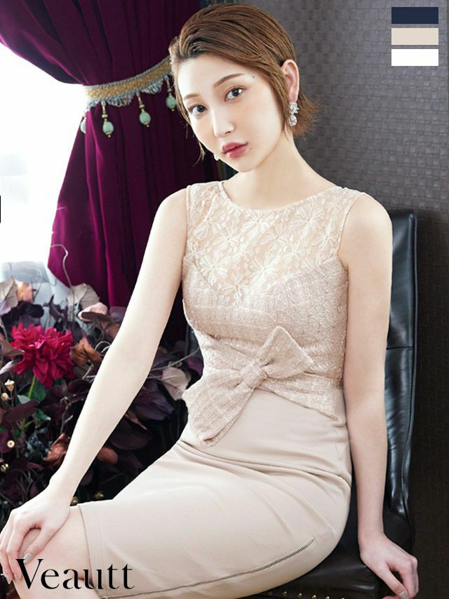 Veautt ヴュート 高級アッパーフラワーレースツイードノースリーブリボンタイト膝丈ドレス