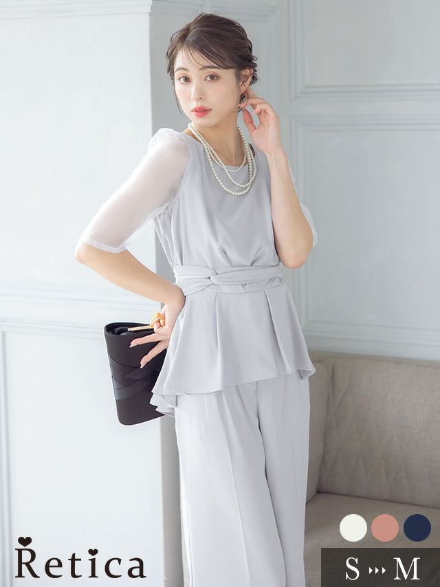 ワンカラーバックリボンアシメフリルトップスパンツツーピースシアースリーブ結婚式パーティードレス