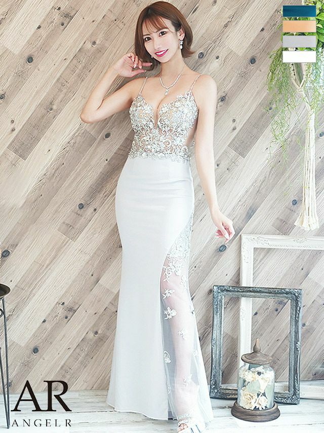 Angel-R エンジェルアール 高級アッパーフラワースパンコールスリットキャミソールタイトロングバースデードレス
