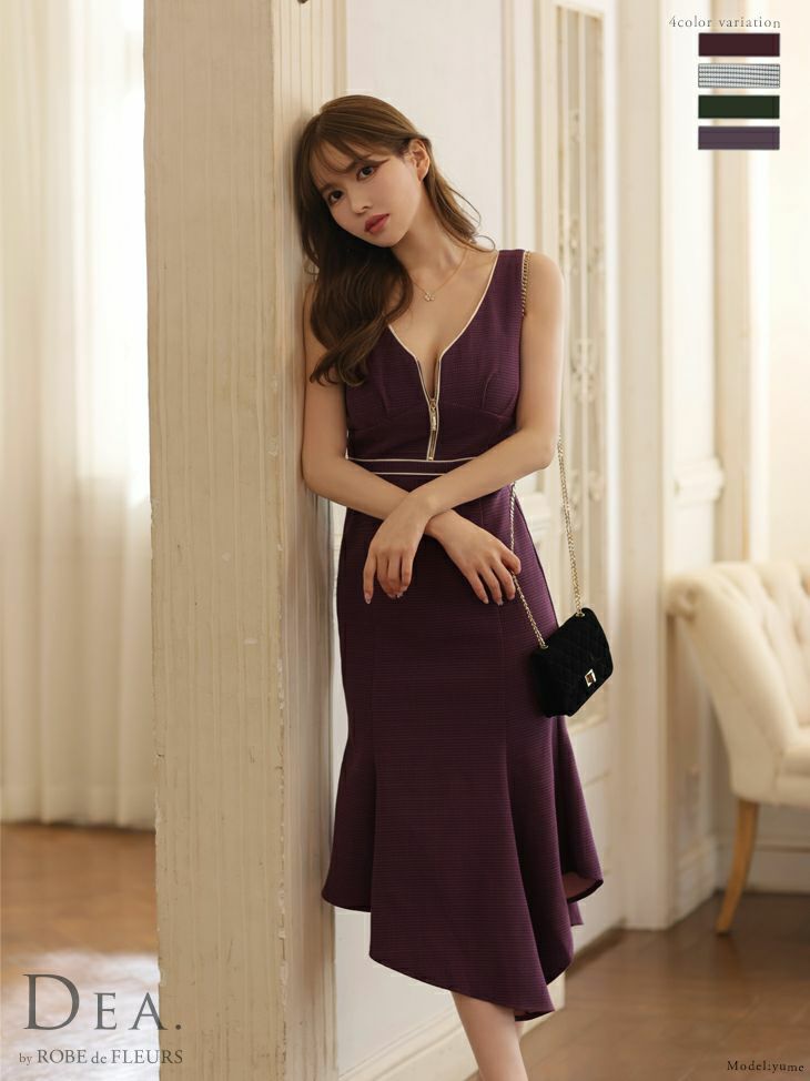 DEA.byROBEdeFLEURS ディアバイローブドフルール 高級アシンメトリー裾フロントジッパーミディドレスノースリーブタイトミニワンピースドレス