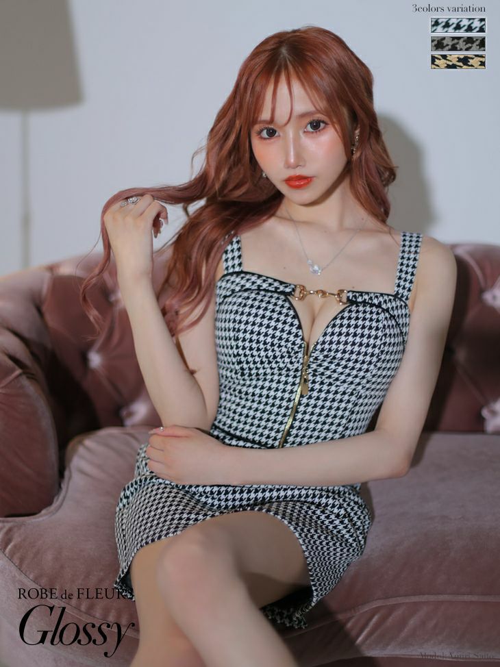 ROBEdeFLEURSGlossy ローブドフルールグロッシー 高級ジップニットツイードバックル千鳥柄キャミソールセットアップタイトミニドレス