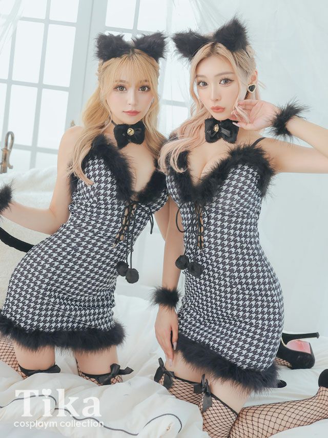 コスプレ ハロウィン キャット 衣装 仮装 編み上げフェザー千鳥格子ペアセクシー猫アニマル